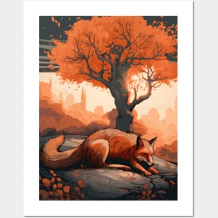 Tranquil Fox Slumber under Orange Sky Posters and Art